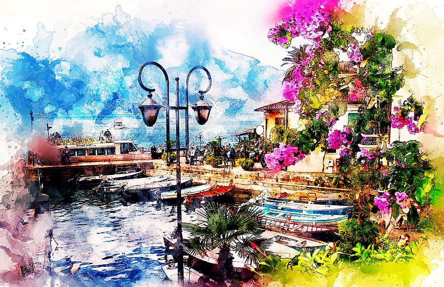 Boats, Flowers, Harbor, Art, Watercolor, Nature, Vintage, Colorful, Artistic, Abstract, Texture