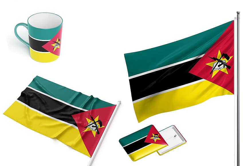 Mozambik, ország, zászló, csésze, tervezés, nemzeti, identitás