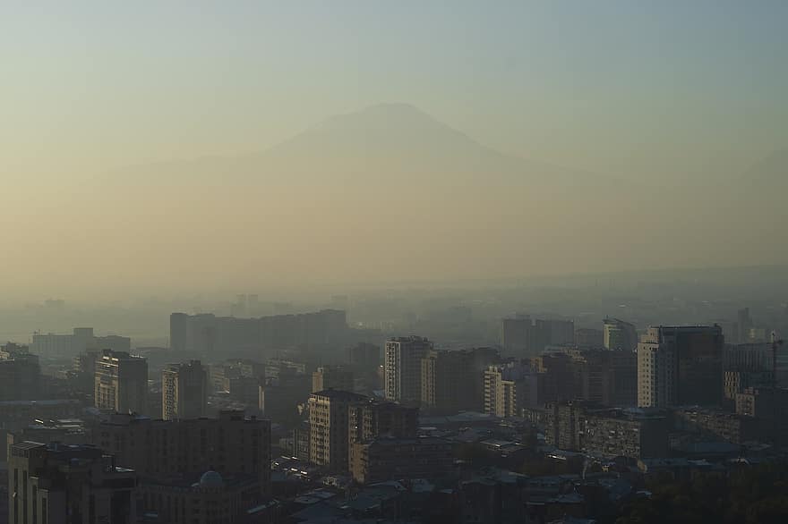 prédios, cidade, Yerevan, paisagem urbana, arranha-céus, centro da cidade, urbano, neblina, montar ararat, Armênia, montanha