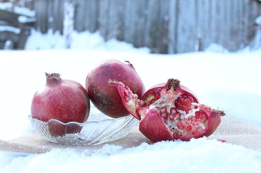 ovoce, granátové jablko, organický, vitamín, zdravý, živiny, svěžest, jídlo, detail, zimní, sníh
