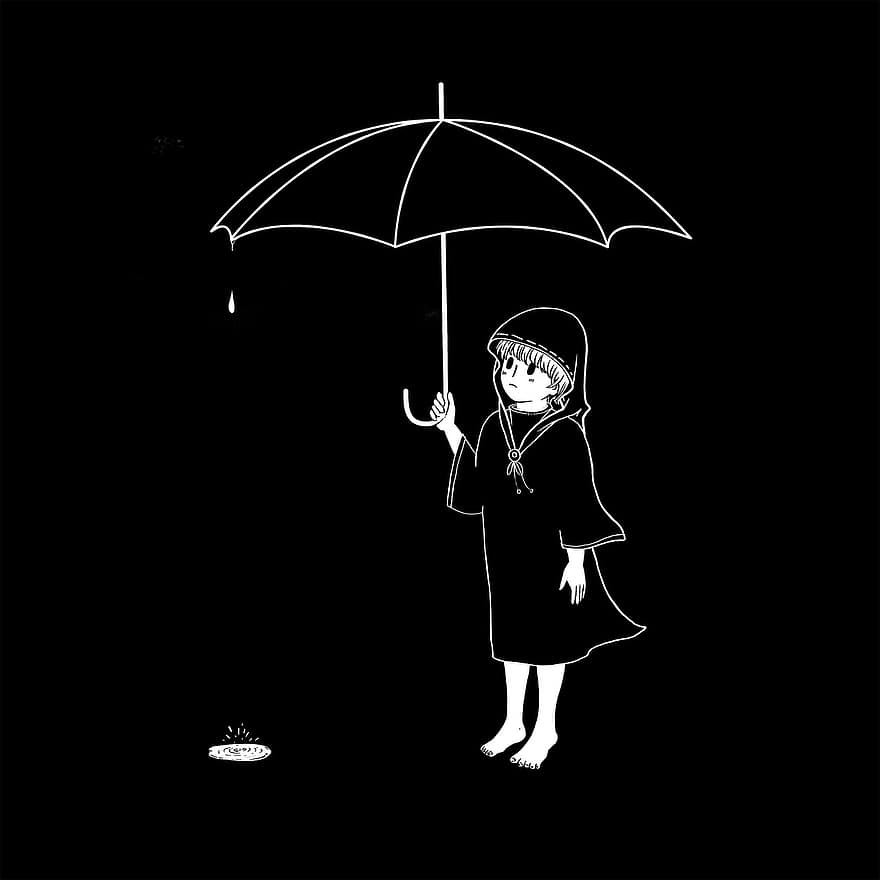 dessin animé, La peinture, fantaisie, la créativité, fille, noir et blanc, parapluie