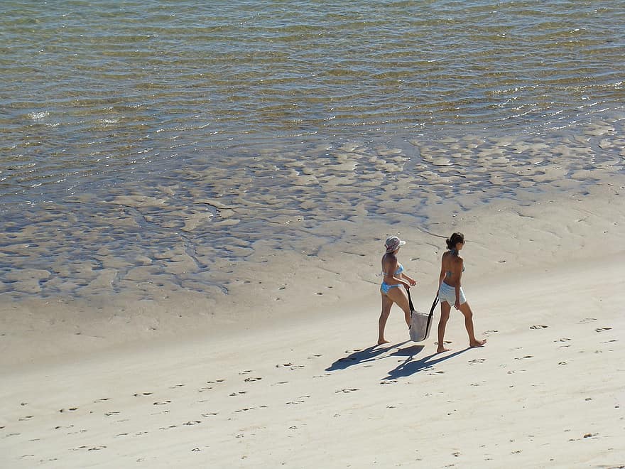 areia, praia, spiaggia, Mulheres, caminhar, sabbia, oceano, turismo, acqua, calma, mar