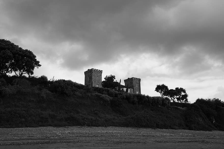 costa, torres, castelo, zurro, Irlanda, panorama, natureza, nuvens, ruína antiga, velho, antigo