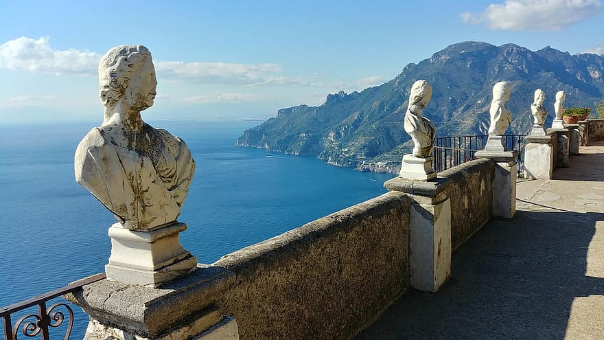 Itálie, moře, vyhlídková plošina, campania, ostrov, panoráma, ravello, sochy