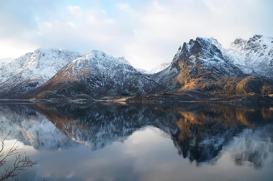 планини, сняг, езеро, размисъл, панорамен, зима, Норвегия, Скандинавия, фиорд, природа