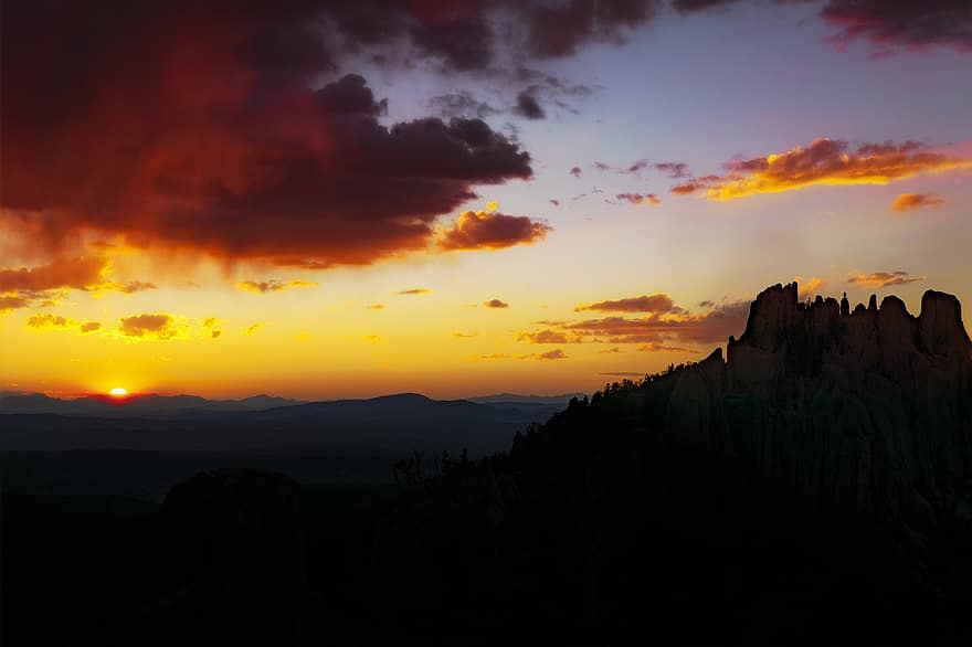 paisaje del atardecer, montañas, puesta de sol, Dom, horizonte, silueta, hermoso, dorado, Colorado, vasto, cielo