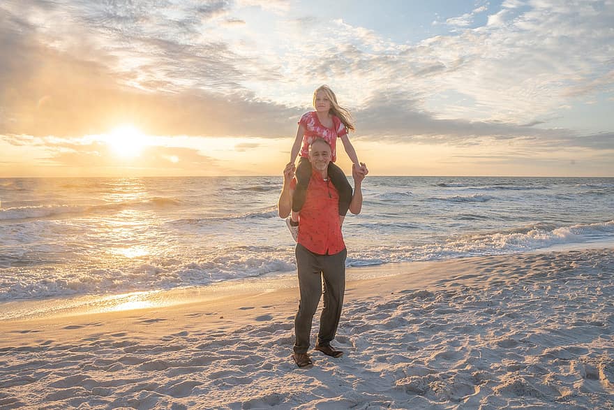 Sunset, Father, Beach, Sea, Vacation, Daughter, Family, summer, lifestyles, vacations, love