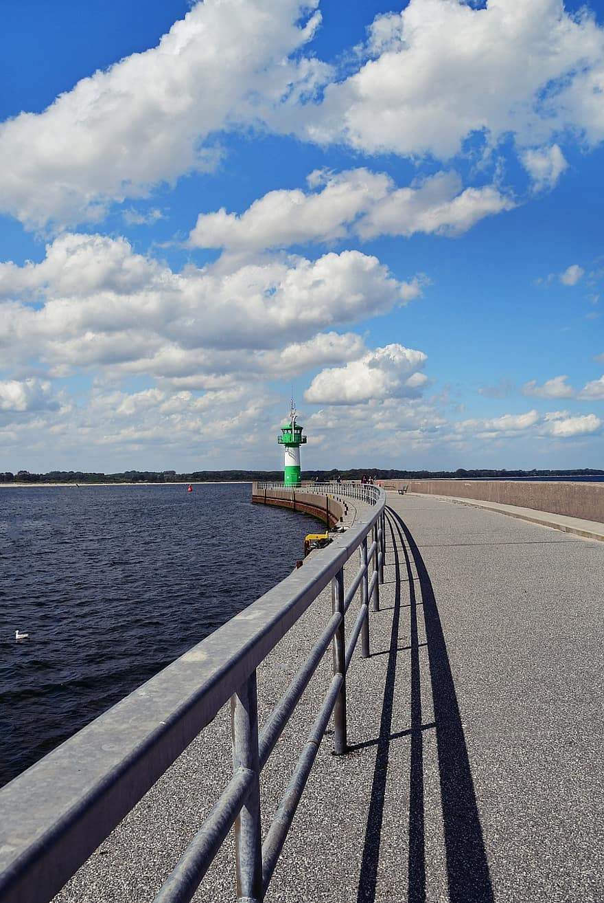 zee, promenade, vuurtoren, zon, Sleeswijk-Holstein, Oostzee, Travemünde, blauw, water, Verzenden, vervoer