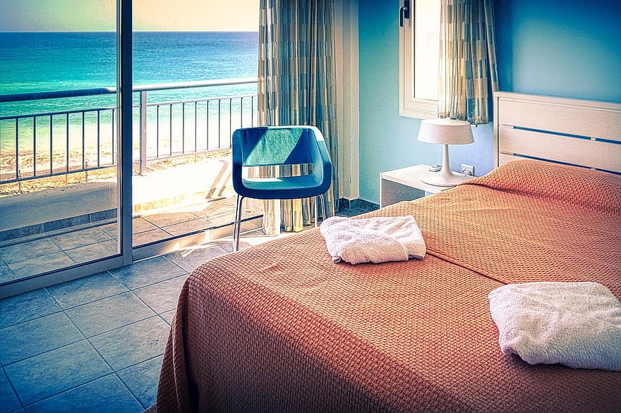 호텔, 방, 가구, 침대, 발코니, 의지, 해변가, 바닷가, 연안