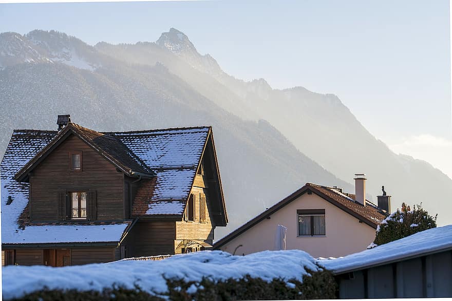 hus, hytter, by, snö, vinter-, kväll, schweiz, berg, tak, arkitektur, byggnad exteriör