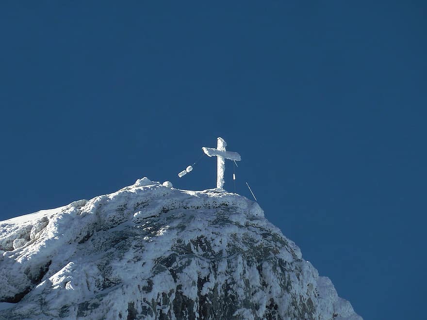 hegy, csúcs kereszt, hó, téli, nap, természet, Alpok, csúcstalálkozó, kereszténység, kereszt, vallás