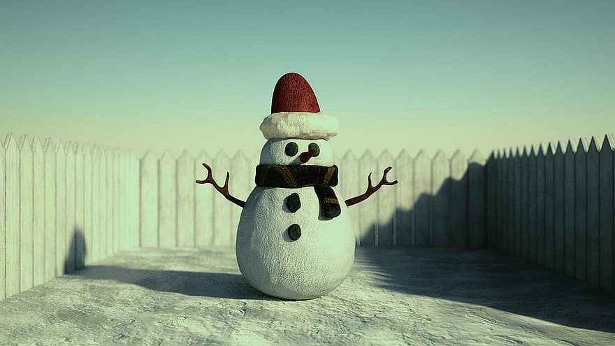 snö, snögubbe, vinter-, Sol, staket, santa hatt, jul, atmosfärisk, göra, atmosfär, vinterbild