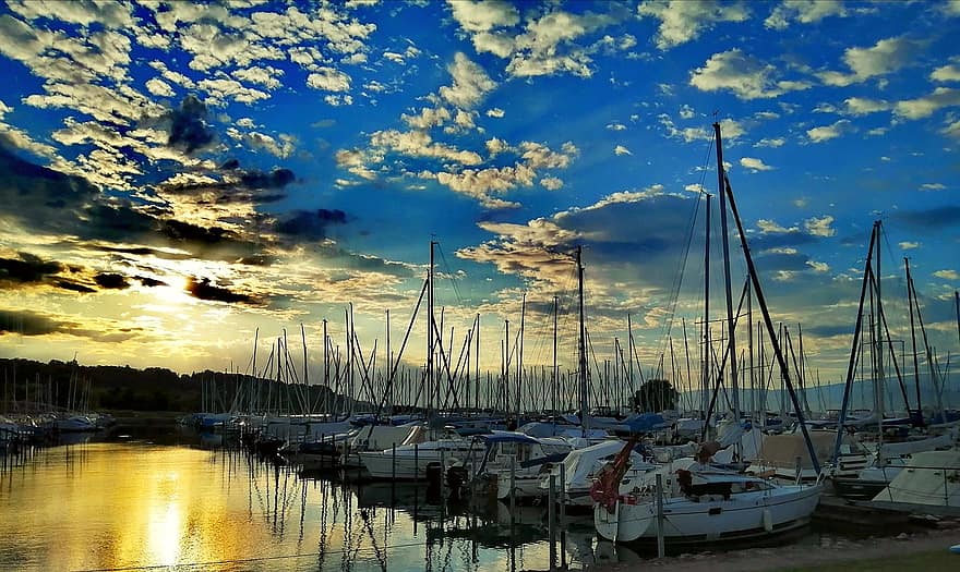 Boats, Sunset, Port, Sky, Clouds, Travel, Exploration, Outdoors, Dock, Yachts, Sailboat