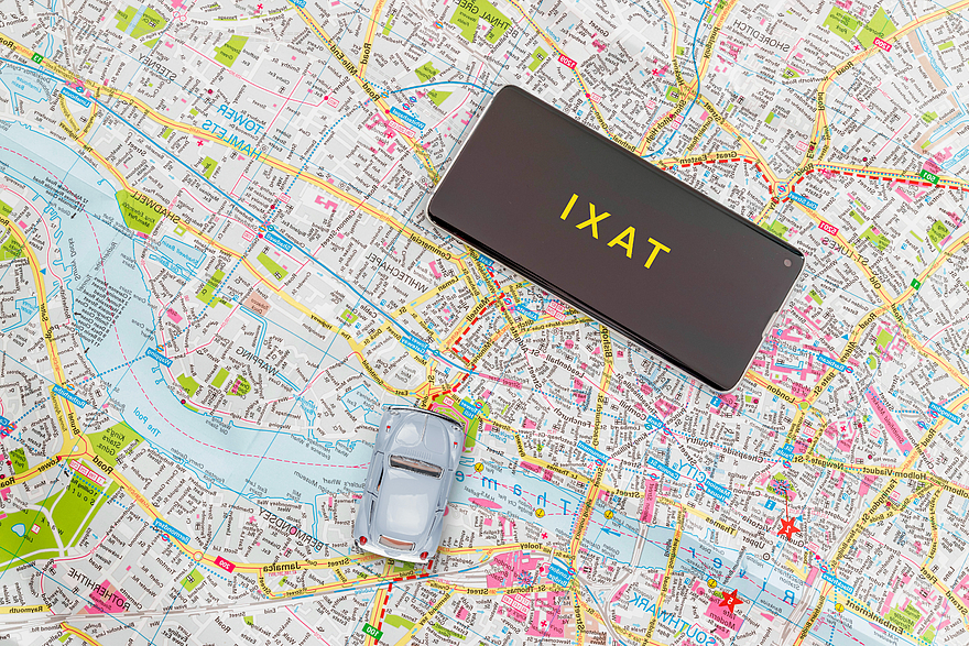 mapa, smartfon, samochód, zabawka., Taxi, pojęcie, atlas, biznes, przeznaczenie, kierunek, dokument