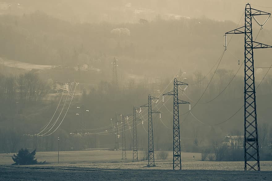 Pylons, Electricity, Towers, Electric Lines, Electric Cables, Field, electricity pylon, power line, fuel and power generation, winter, power supply