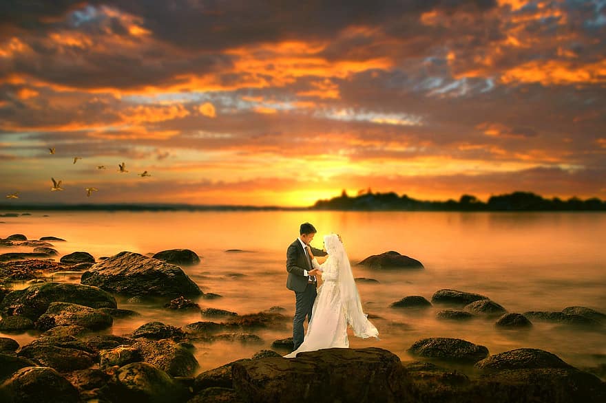 vestito da sposa, coppia, tramonto, lago, roccia, riflessione, paesaggio, ritratto, amore, romantico, nozze