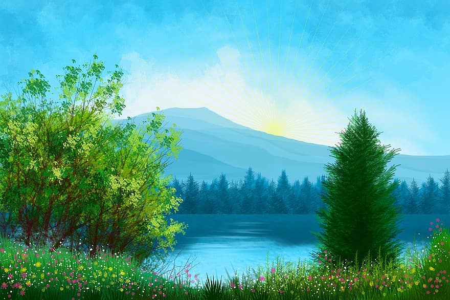 danau, gunung, padang rumput, alam, Latar Belakang, pemandangan, panorama, sungai, bunga-bunga, musim semi, musim panas
