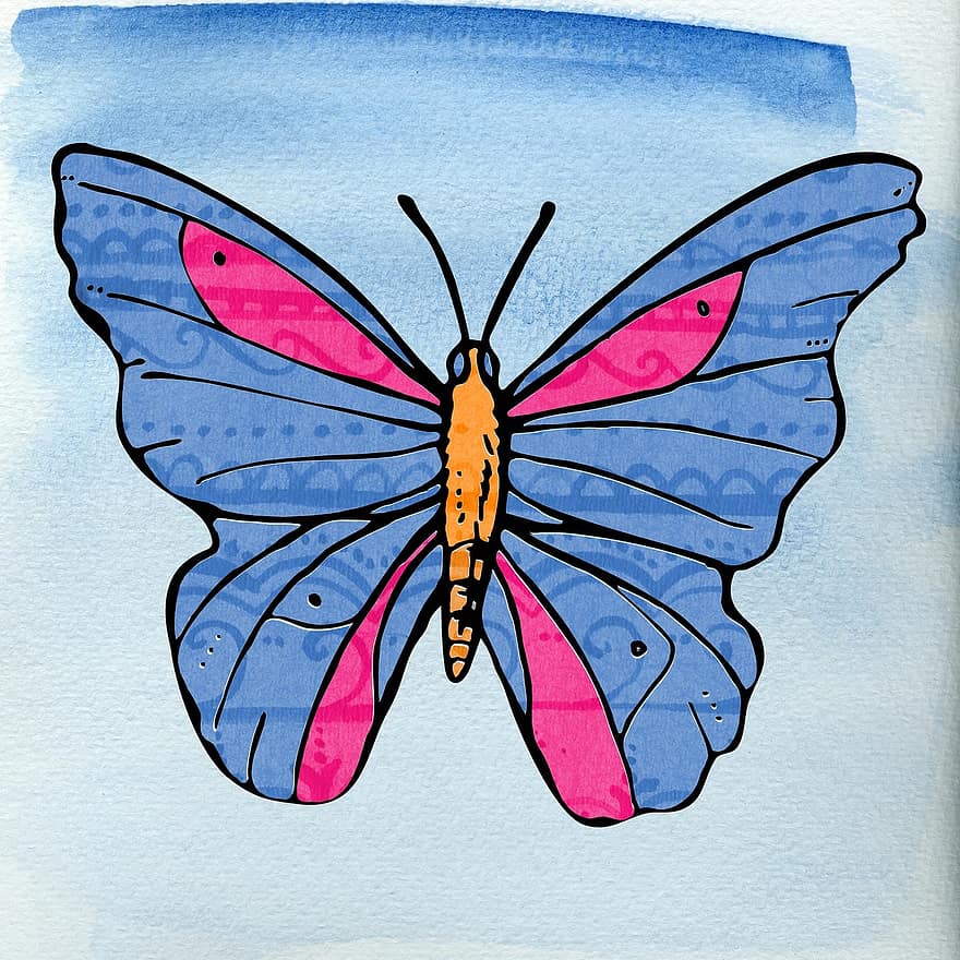 Schmetterling, Jahrgang, Hintergrund, Blume, Blau, Rosa, ziemlich, Textur, bunt, Helles Kunstdesign, Collagen-Kunst