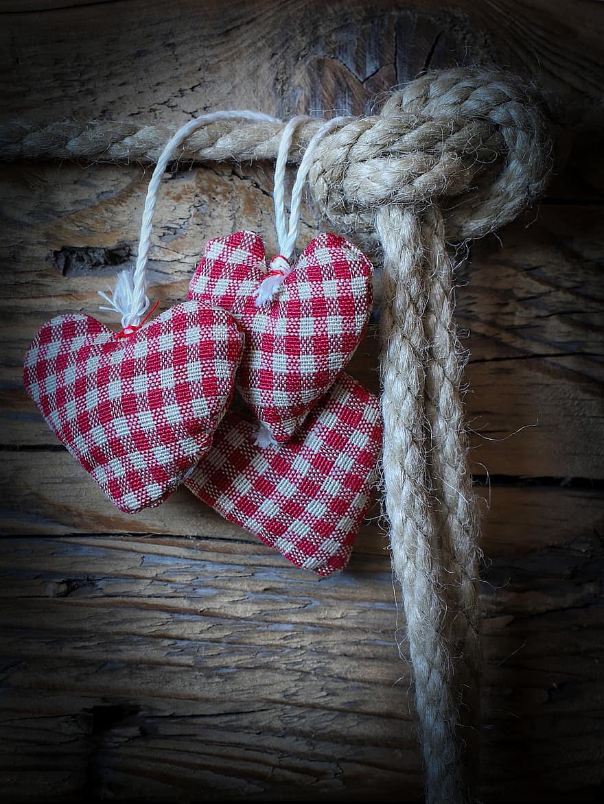 Rope, Fabric Hearts, Love, Hearts, Valentine's Day, Vintage, Knot, Old, Retro, wood, romance