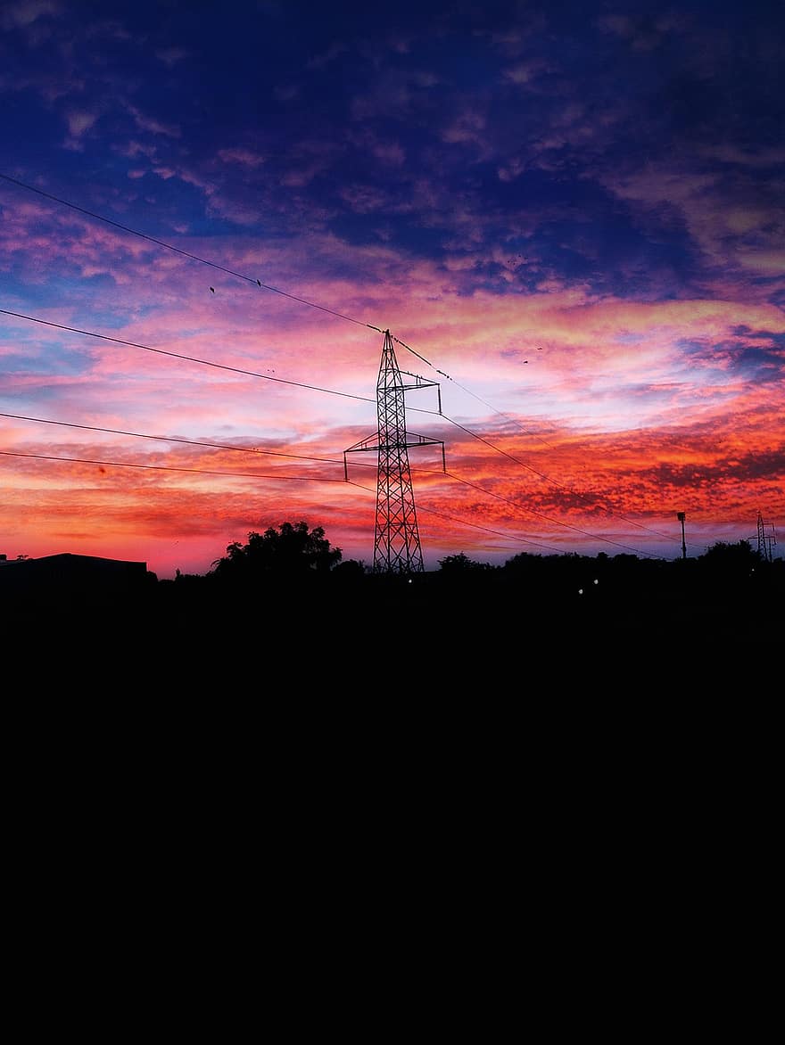 Ashutosh Kaushik, céu, noite, panorama, colinas, floresta, industrial, aço, por do sol, crepúsculo, silhueta