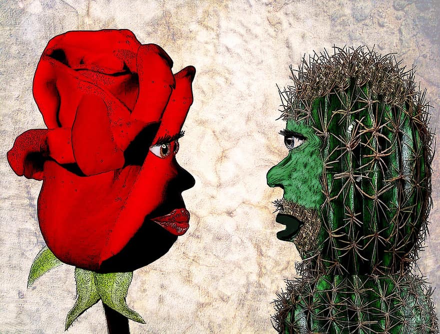 Flower, Plant, Cactus, Rose, Pair, Love, Against The Law, Unequal, Spur, Fantasy, Togetherness