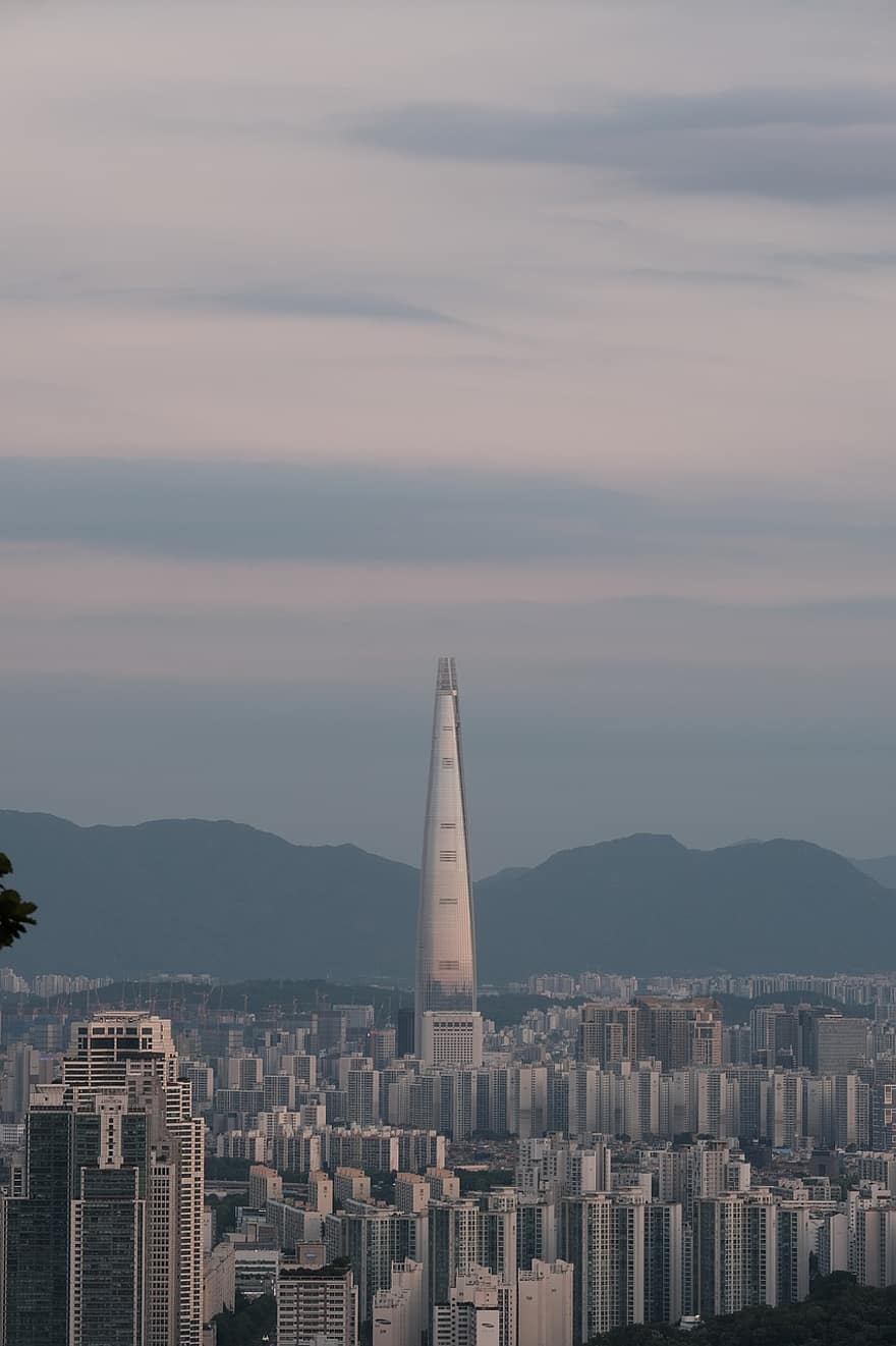 ville, Séoul, architecture, Urbain, la tour, tour de lotte, immeubles, le coucher du soleil, gratte ciel, paysage urbain, extérieur du bâtiment