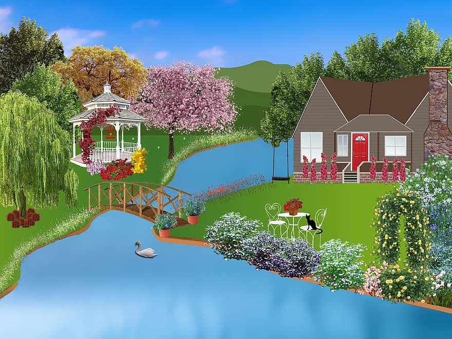 къщичка, пергола, цветя, река, вода, къща, зелен, градина, лебед, мост, водосток