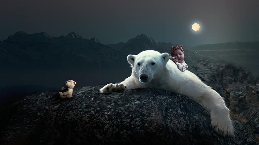 полярна мечка, бебе, дете, момиче, плюшено, луна, нощ, планини, животно, сладък