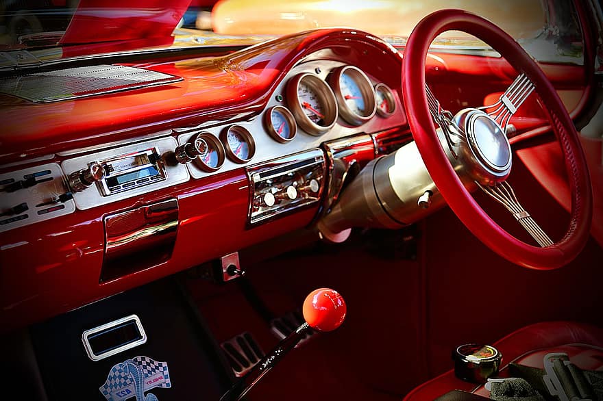 painel de controle, volante, carro, veículo, oldtimer, automotivo, clássico, vintage, retrô, interior, nostalgia
