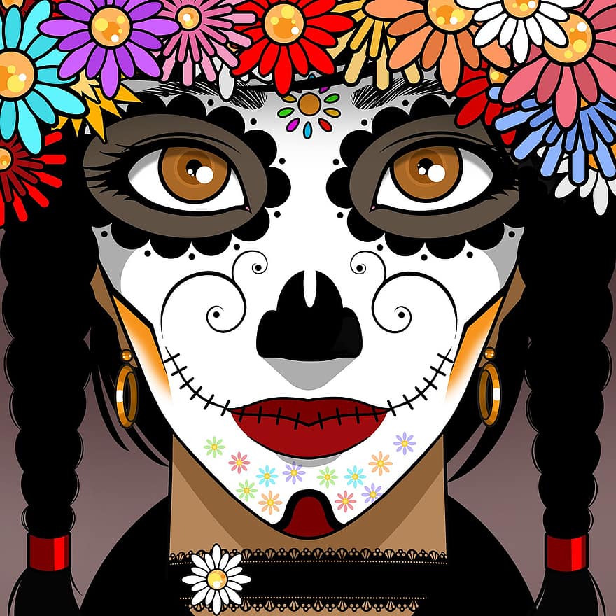 mulher, dia dos Mortos, pintura facial, face, calavera, crânio de açúcar, coroa de flores, menina, fêmea, jovem, pessoa