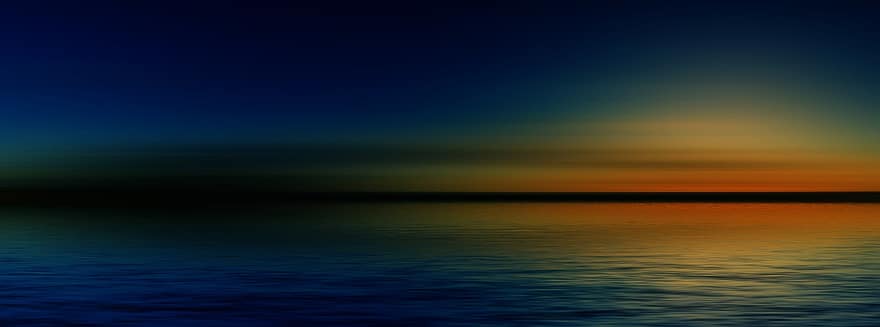 zonsondergang, zee, horizon, oceaan, zeegezicht, zon, hemel, wolken, schemering, schemer, schilderij met veel lucht
