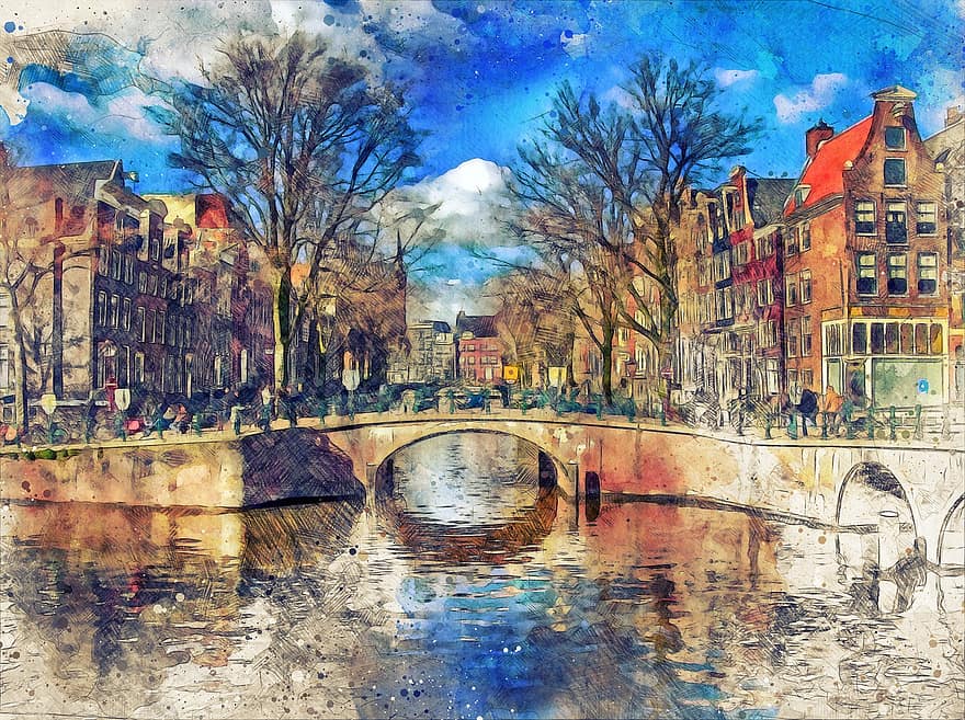Amsterdam, środek, śródmieście, Miasto, historyczne centrum, Holandia, akwarela, plakat, architektura, pejzaż miejski, kanał