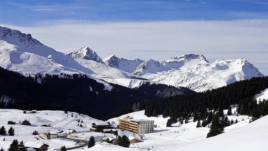 kalni, ziemā, pilsēta, ielejā, Šveice, ziemas ainava, sniegs, ainavu, kalnu panorāma, kalns, sportu