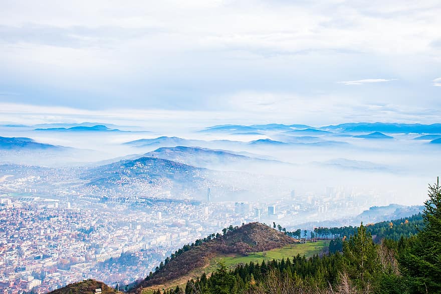 sarajevo, bosnia, nebbia, Trebevic, natura, paesaggio, turismo, città, Europa, montagna, foresta