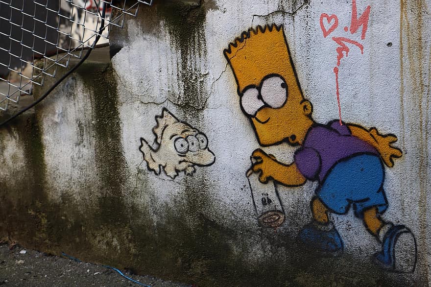 Graffiti, Art, Vandalism, Street Art, Smeared, Simpsons, Spray Cans, Hide, Secret, Crime, Wall Art