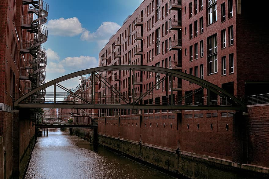 speicherstadt, сгради, воден път, канал, обект на световното наследство на ЮНЕСКО, Тухлени складове, складове, архитектура, мост, град, градски