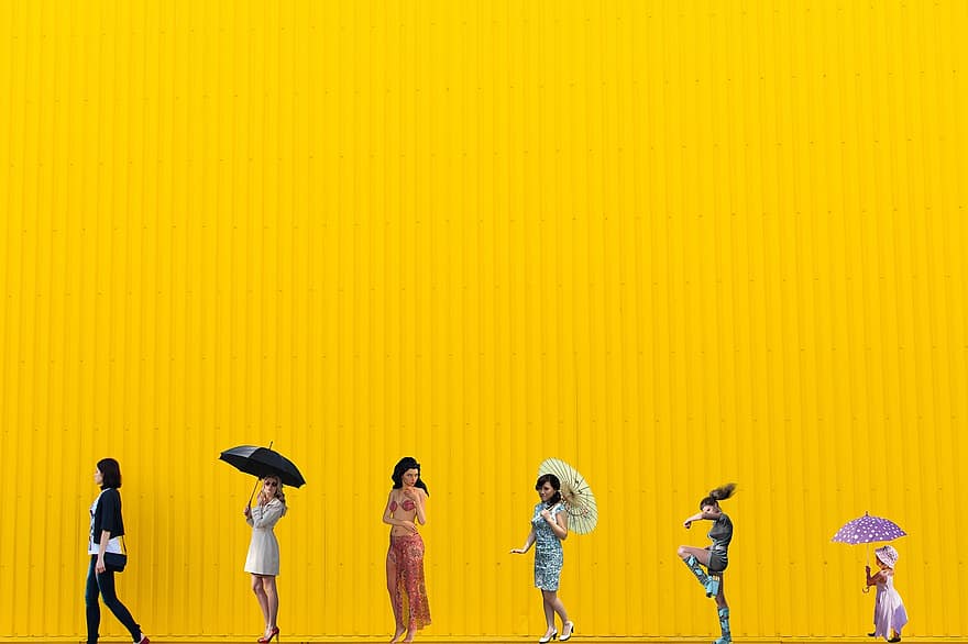 สีเหลือง, ผนัง, สาว ๆ, ผู้หญิง, คน, ทันสมัย