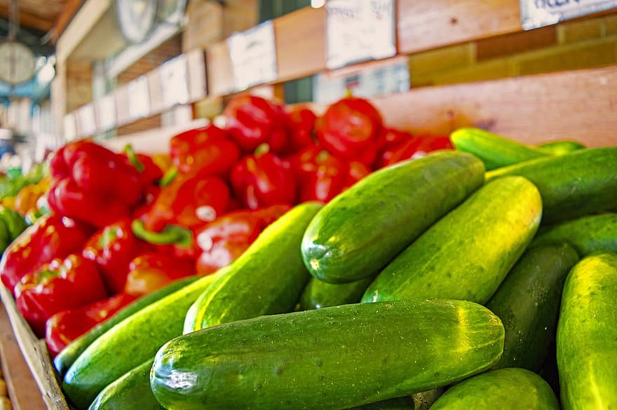 agurker, paprika, røde paprika, krydret, grønn, grønnsaker, mat, produsere, sunn, fersk, rød
