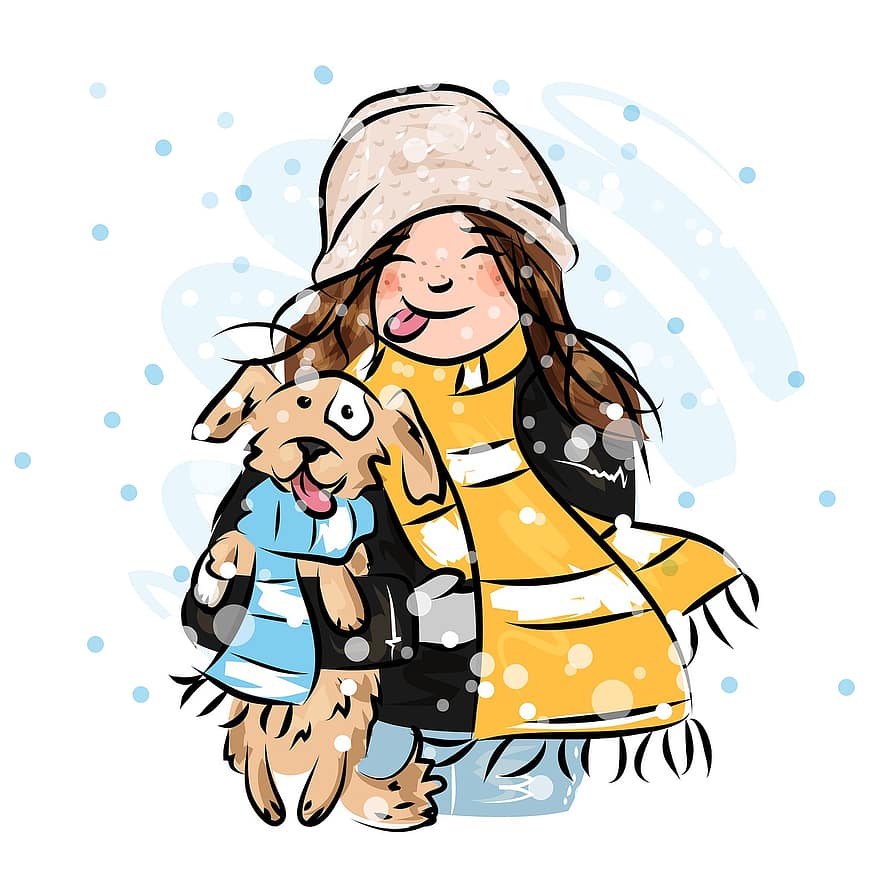 kış, karlı gün, sanat eseri, kız, köpek, mutluluk, çizim, sevimli, çocuklar, çocuk, sevinç