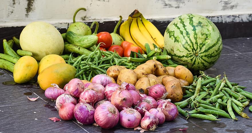 Gemüse, Früchte, Wassermelone, Banane, Mango, Zwiebeln, Erbsen, Lebensmittel, Obst, Gesundheit, gesund