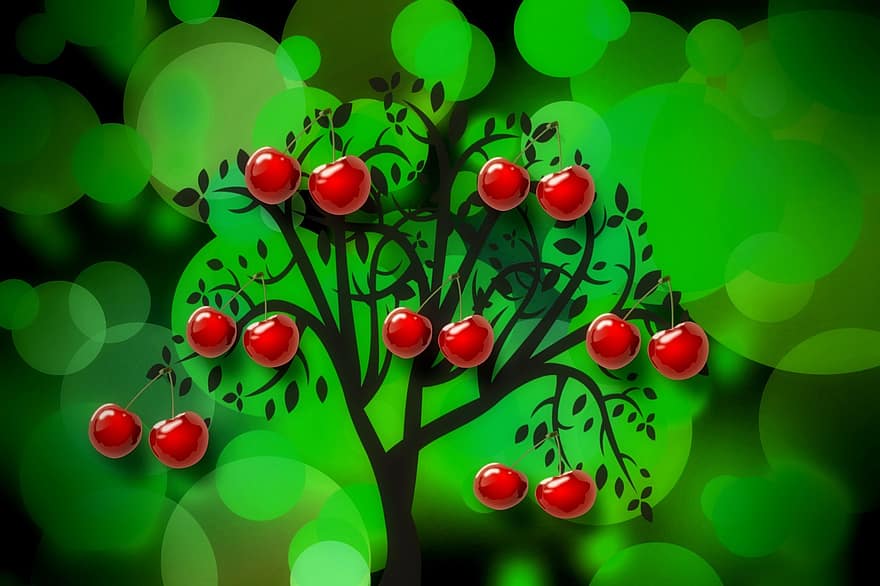 Вишневое дерево, фон, боке, зеленый, дерево, весна, графический, вегетарианский, фрукты