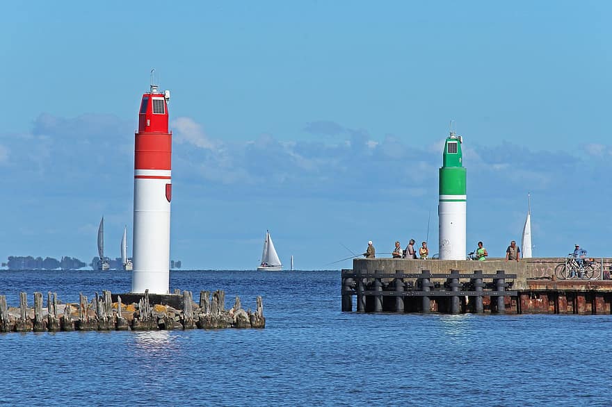 muldvarp, Havn, fiskere, fyrtårn, fiskeri, mennesker, fiskestænger, hav, Stralsund, rejse, turisme