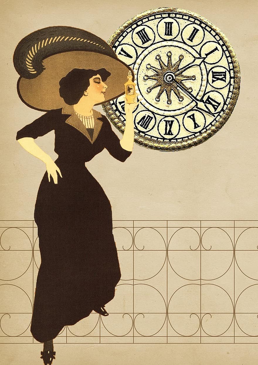 Vintage, Twenties, Lady, Clock, Antique Texture, Paper, Pattern, Design, Scrapbook, Color, Decorative