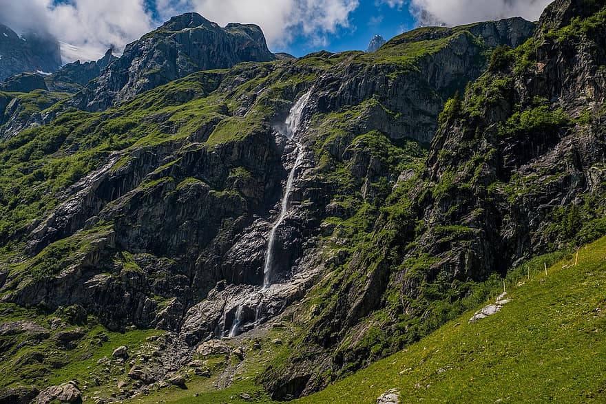 Berge, alpin, Wasserfall, Natur, Landschaft, Schweiz, Wiese, Himmel, Gipfel, Berg, felsig