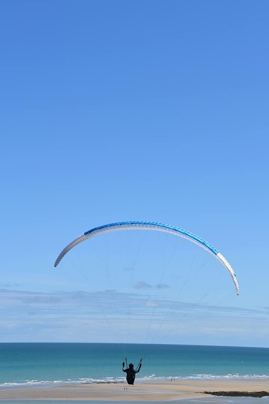 Paragliding, Paraglider, Aircraft, Flight, Fly, Sailing, Flew, Meteorology, Wind Weather, Blue Sky, Blue Sea
