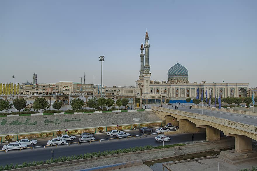 moskeija, Qom, Iran, kaupunki, tie, silta, minareetteja, islam, Shia, muslimi, uskonto