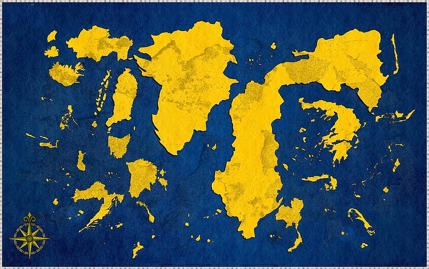 Karta, geografi, kontinenter, hav, grunge, bakgrunder, smutsig, abstrakt, gul, målat, blå
