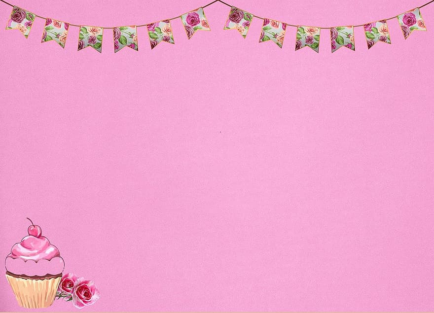 cupcake, blomster, roser, fødselsdag, invitasjon, hilsen, feire, feiring, parti, scrapbooking, kopiere plass