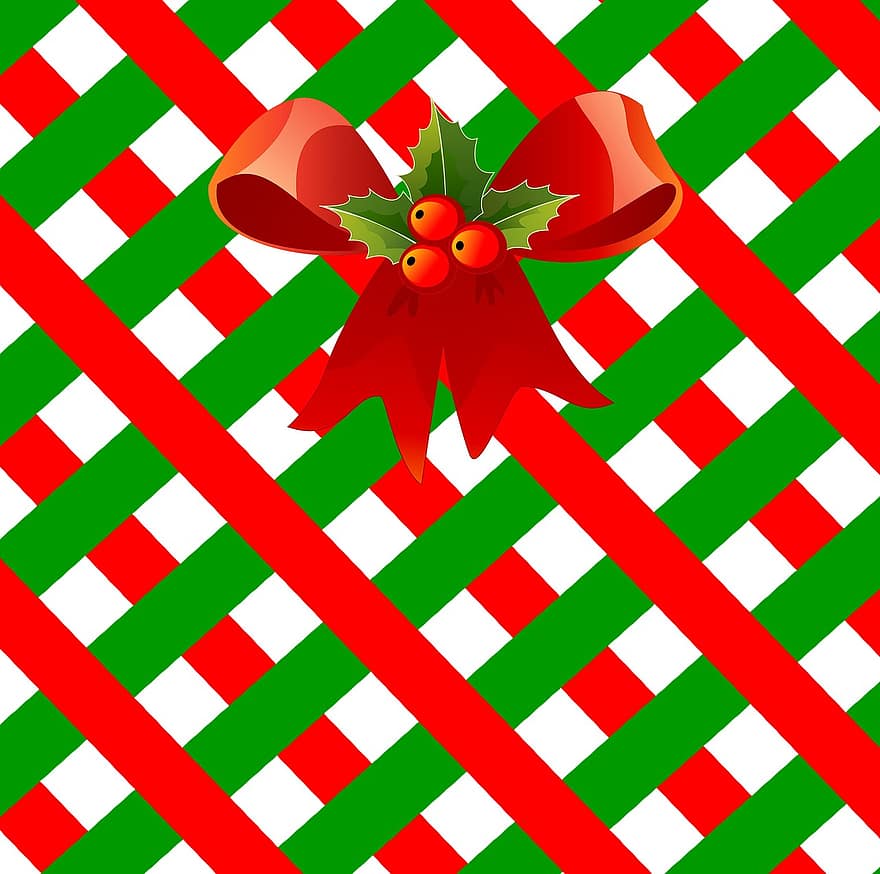 hari Natal, dekorasi, hadiah, membungkus, menyajikan, pita, merah, hijau, busur, holly, liburan