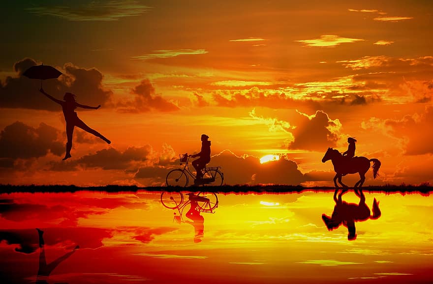 cavall, passeig, posta de sol, silueta, bicicleta, paraigua